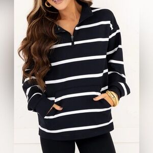 RECREATION by Thread & Supply Black and White Striped Half Zip Pullover Small
